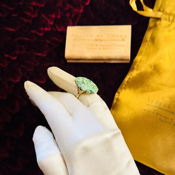 ANTIQUE- 14K Gold- Natural Nephrite Jade Ring -Size 5- Hand Carved - Art Nouveau - Picture 13 of 16